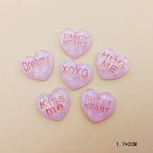 Load image into Gallery viewer, 20Pcs Kawaii Glitter Heart Flatback Resin Cabochon Kiss me Letters Embellishments Scrapbooking DIY Hair Bows Center Deco Parts
