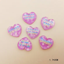 Load image into Gallery viewer, 20Pcs Kawaii Glitter Heart Flatback Resin Cabochon Kiss me Letters Embellishments Scrapbooking DIY Hair Bows Center Deco Parts
